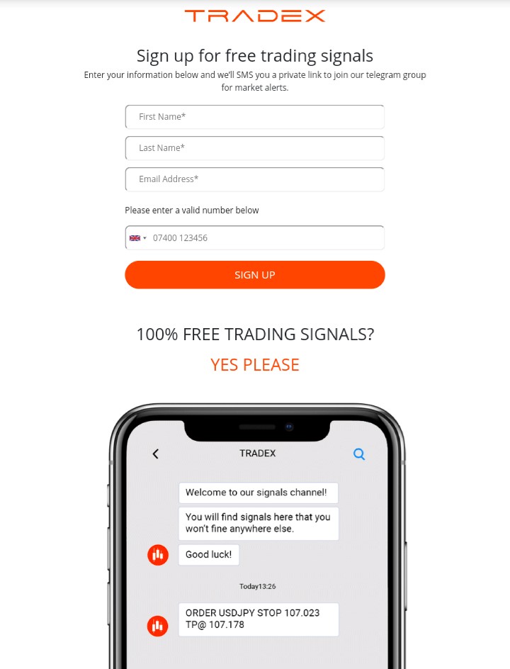 Trade X signals landing page